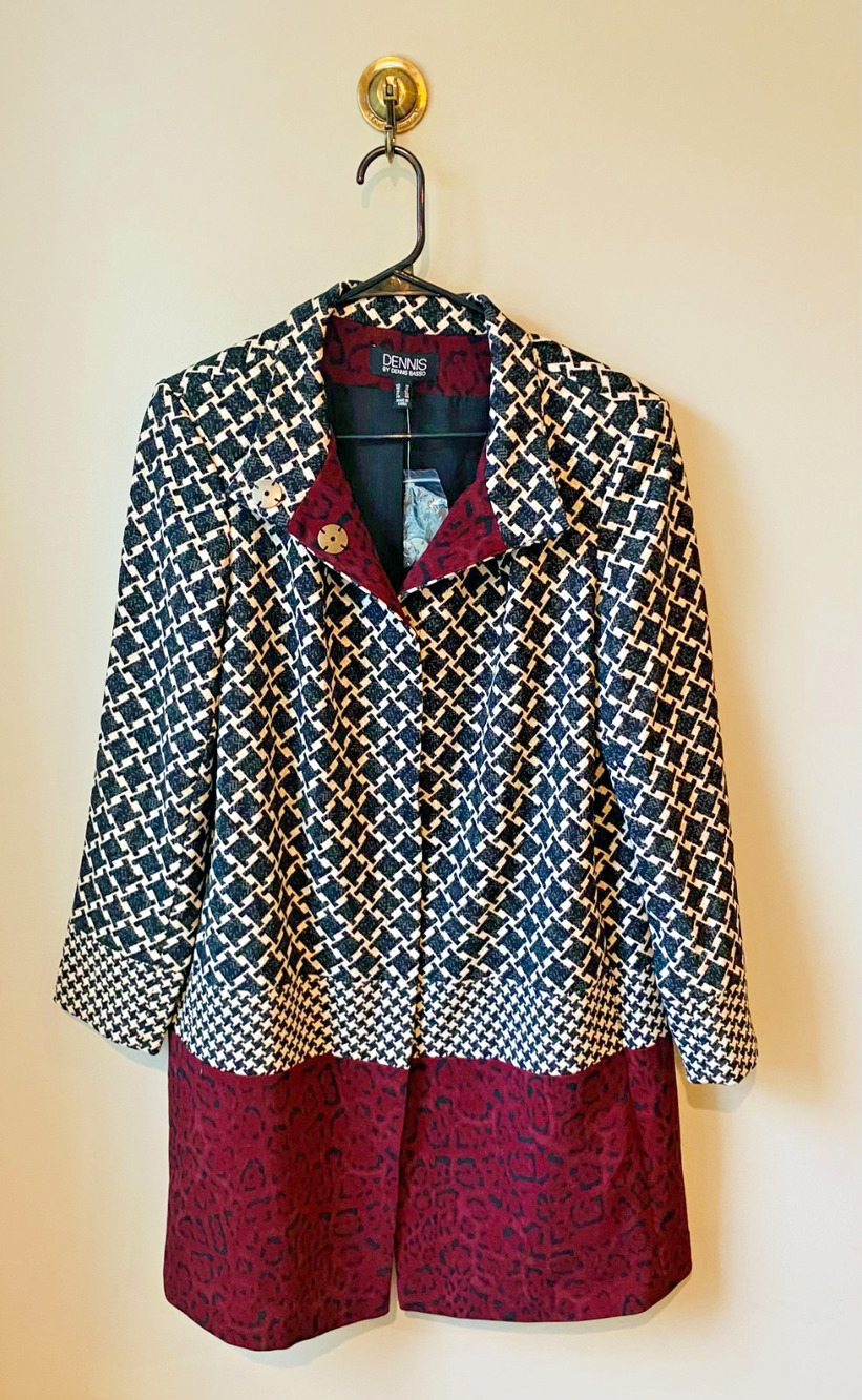 NWOT Dennis Basso Mixed Print Jacket Houndstooth Leopard Burgundy, Size 14